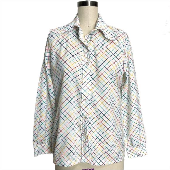 1970s Lucky Winner rainbow plaid blouse - size medium - large - Picture 1 of 8